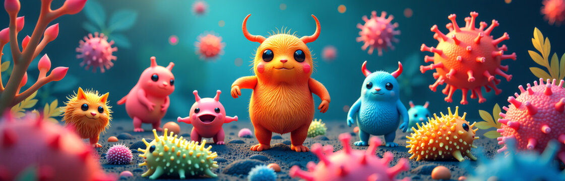 microbioma umano visualizzato come una societ&agrave; complessa di creature diverse che collaborano armonia con colori vividi e textures