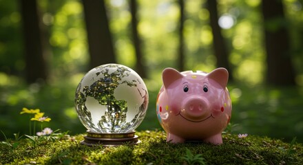 Saving Earth Globe with Piggy Bank on Green Moss Background