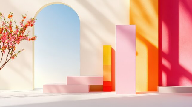 Playful modern art concept with rectangles stacked and leaning on neutral tone background