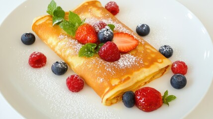 Simple, elegant plating of pancakes with fresh fruit and sugar, top-down angle on white dish