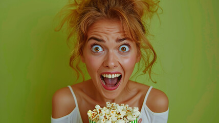 A surprised young woman with a bucket of popcorn on a green background, the concept of an interesting new movie
