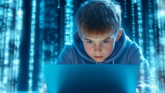 Preteen boy focused on laptop screen surrounded by digital matrix background. Intense concentration, blue technology environment. Close-up shot revealing technological immersion.