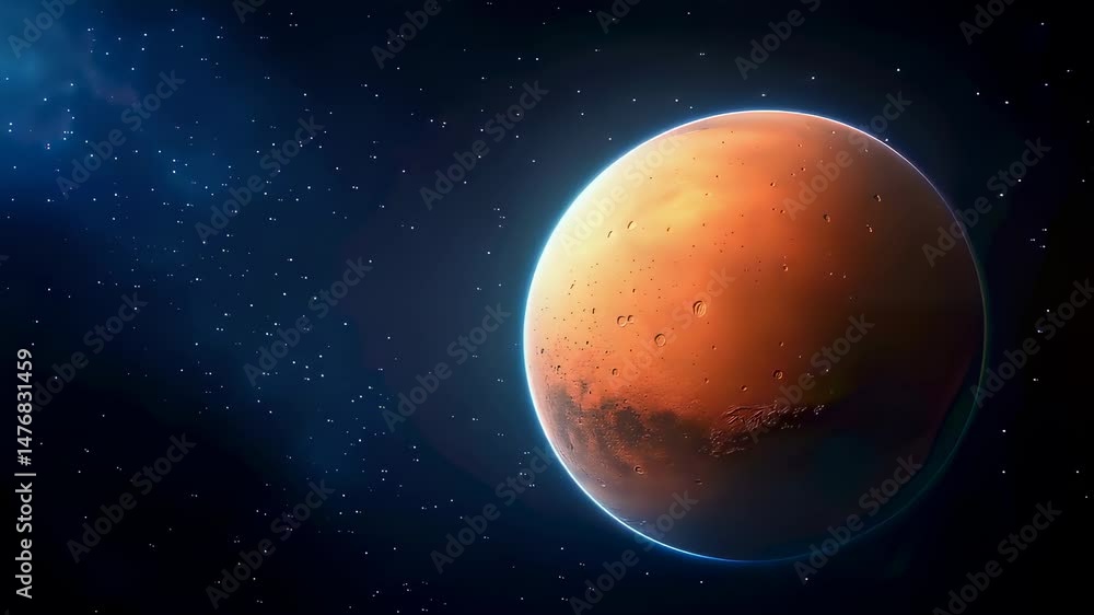 Poster Detailed rendering of planet Mars with orange-red surface, visible craters, surrounded by starry space background. Realistic planetary visualization with atmospheric lighting.