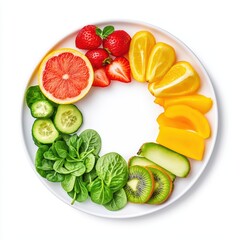Fresh and Colorful Assorted Fruits and Vegetables Arranged on a White Plate for Healthy Eating Concept