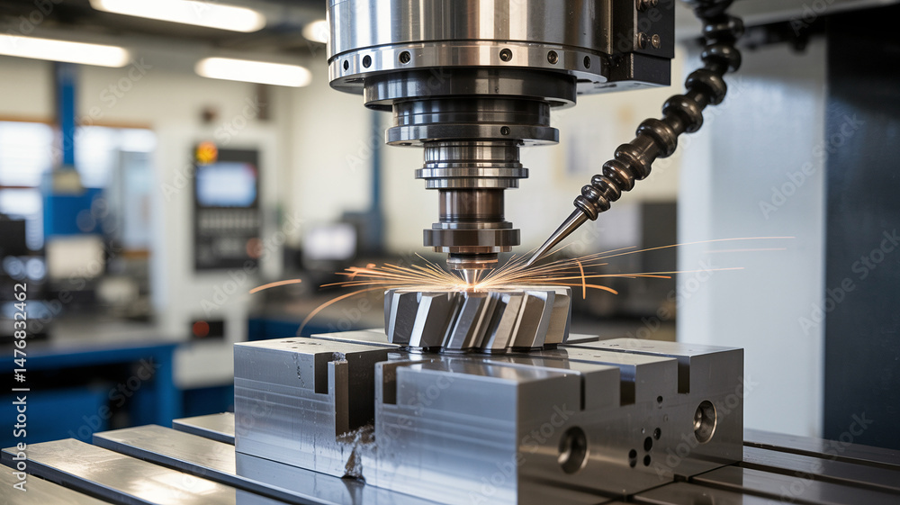 Poster cnc metalworking machine cutting metal showcasing depth of field and high-tech machining