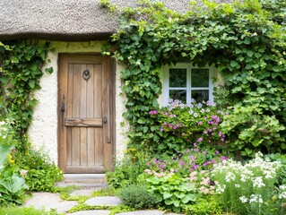 Cozy Thatched Cottage Surrounded by Lush Greenery and Colorful Flowers in a Tranquil Garden Setting