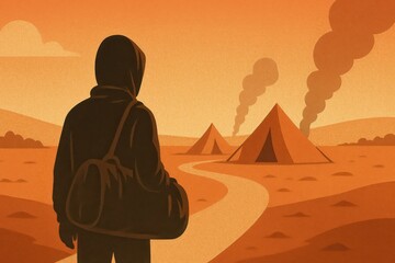 Refugee looking at tents in refugee camp after fleeing war