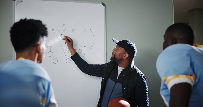 Whiteboard, team and coach with football strategy in locker room for game plan or defense formation. Touchdown tactics, leadership or sports manager with people, match feedback and training analysis