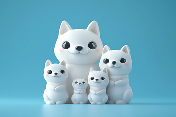Cute white cat figurines in various sizes, playfully arranged against a soft blue background