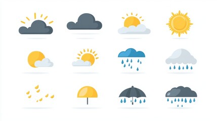 Weather Icons Set Flat Design Colorful Sun Rain Cloud Umbrella app art cute blue gray dark image