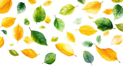 Colorful autumn leaves falling on a white background showcasing vibrant hues and natural beauty in a seasonal theme