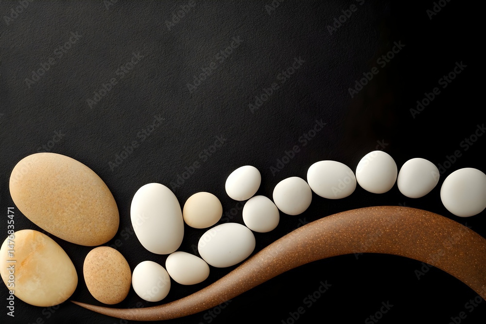 Poster smooth stones arranged in an artistic wave pattern on a dark background