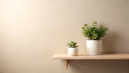 Serene Minimalist Home Decor Featuring Small Plants in White Pots on a Wooden Shelf against a Beige Wall