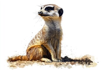 Detailed Illustration of a Meerkat Sitting Alert in a Desert Landscape with a Soft Gradient Background