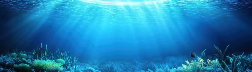 Underwater Scene with Soft Light Rays Illuminating Coral Reef and Marine Life in Clear Blue Ocean Water