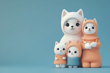 A charming family of cartoon animals dressed in cozy outfits, standing together against a soft blue background