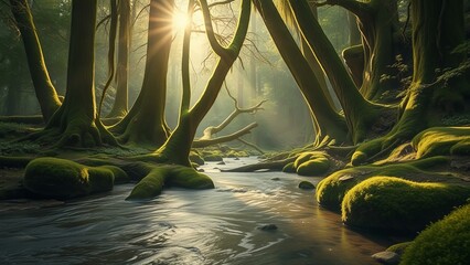 Magical green summer forest with river amidst picturesque nature