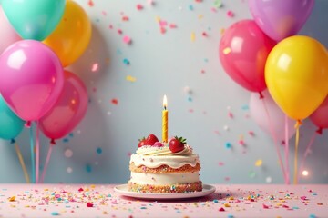 A vibrant birthday party setup with balloons, cake, and confetti, ready for celebration , delicious, silver, gathering