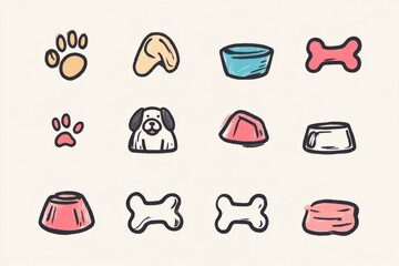 Cute Dog Paw Print Bone Food Bowl Icons Set Design Illustration pet art pet puppy image happy animal