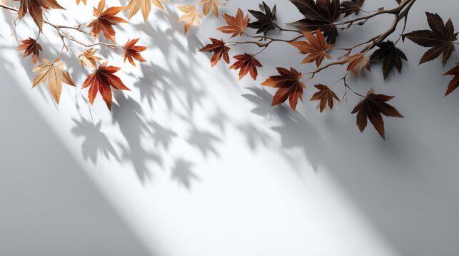 Autumn maple branches casting bold shadows on white wall in natural sunlight perfect for Canada Day background visuals, seasonal greeting cards and minimal holiday posters