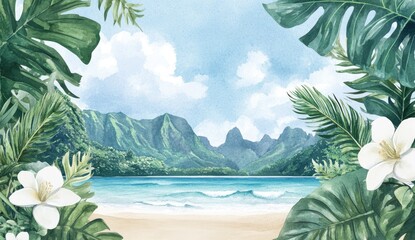 Tropical beach scene framed by lush greenery and white flowers.  A serene view of a turquoise ocean, a sandy beach, and majestic mountains. Painted in soft watercolor style
