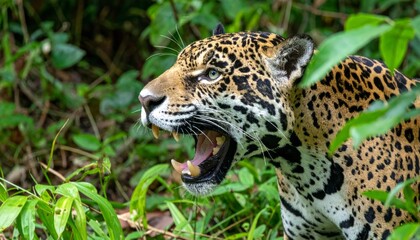 Fototapeta premium Wild jaguar roaring in the jungle showing its teeth predatory behavior, a powerful predator in its natural habitat, hunting wildlife