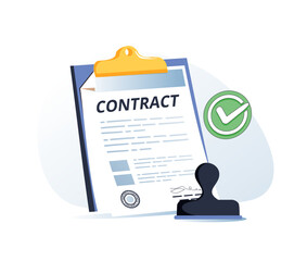 Signed business contract agreement on desk.. New regulation concept, document with an approval stamp. Implementation