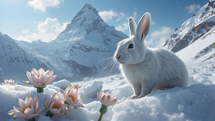 Cute white hare among beautiful snowy mountains with white flower of hope, concept of faith and hope and miracles