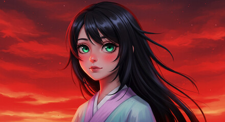 Obraz premium Anime Girl with Black Hair and Green Eyes