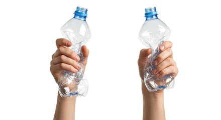 Hands Squeezing Plastic Bottles for Recycling in Studio Isolated on White