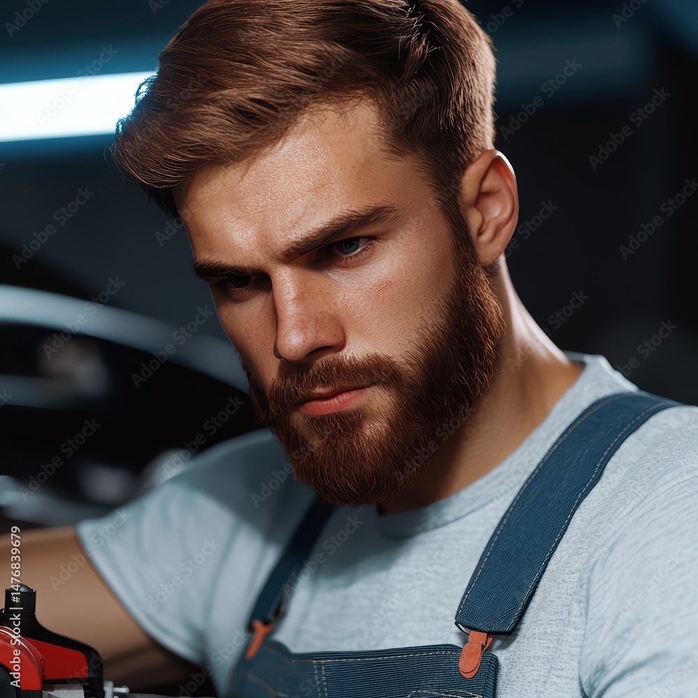 Poster young man with beard focusing intently on mechanical work in workshop environment