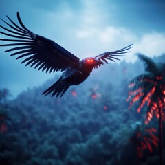 Fototapeta premium Majestic Black Bird Soaring Above Lush Tropical Forest with Vibrant Greenery and Mysterious Background Elements