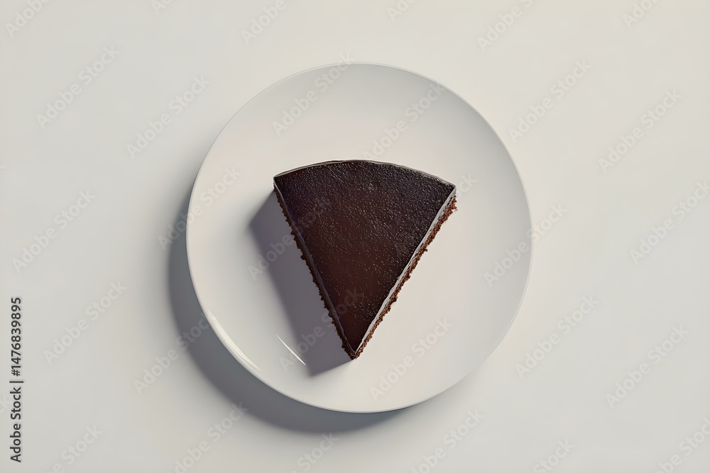 Aufkleber a slice of chocolate cake on a white plate, featuring a glossy, smooth surface and a triangular shap