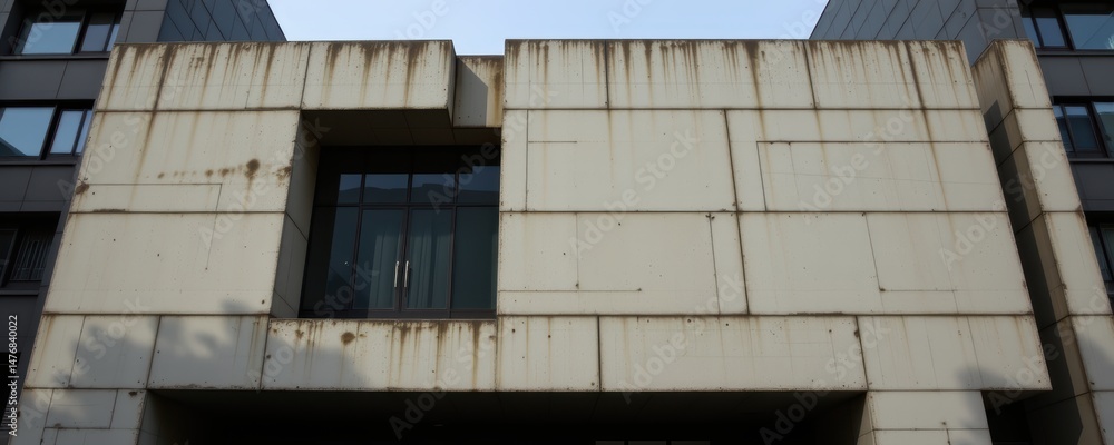 Poster facade geometry concept. modern building facade with a textured, concrete design and large windows.
