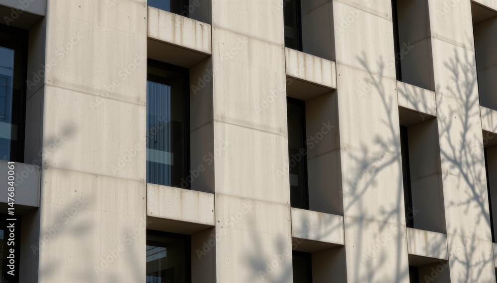 Poster facade geometry concept. concrete facade with windows and tree shadows casting patterns on the surfa