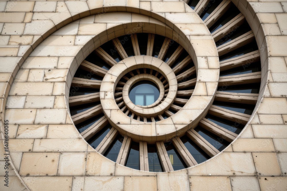 Poster facade geometry concept. intricate spiral architecture with layered stone and windows.