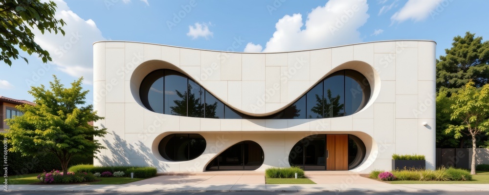 Poster facade geometry concept. modern architectural design with unique curves and large windows.