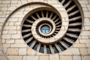 Obraz premium Facade geometry concept. Intricate spiral architecture with layered stone and windows.