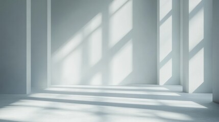 Sunlight casts shadow pattern on wall in empty room with minimalist design