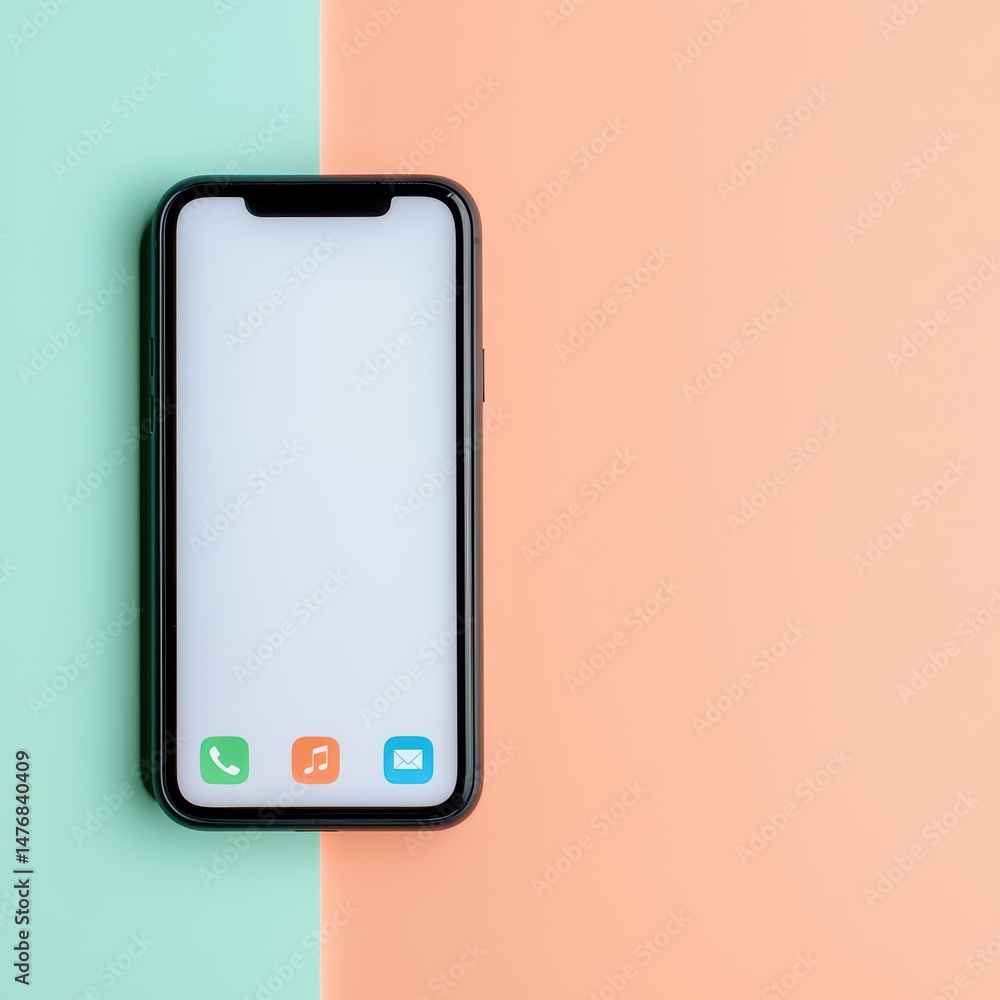 Poster modern smartphone on a pastel background showcasing application icons and clean screen layout for te
