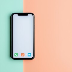 Modern smartphone on a pastel background showcasing application icons and clean screen layout for technology themes