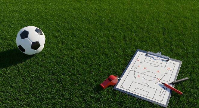 A soccer field scene showing a football, red whistle, and tactical clipboard with strategic play diagrams.
