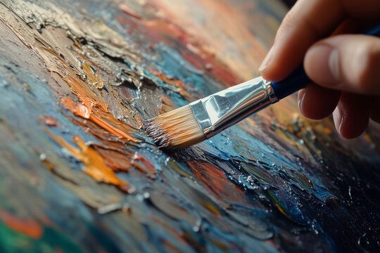 person is painting a picture with a brush. The painting is colorful and has a lot of texture. The brush is being used to apply paint to the canvas, creating a unique and interesting piece of art