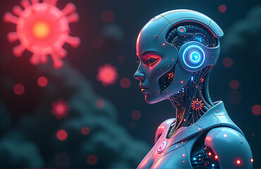 di una cellula immunitaria antropomorfizzata come guerriera futuristica con dettagli biomeccanici e aura energetica stile