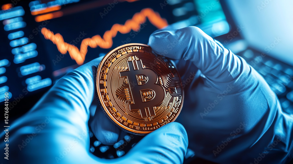 Poster A close-up of a hand in gloves holding a Bitcoin coin against a backdrop of digital financial graphs and data analysis.