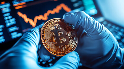A close-up of a hand in gloves holding a Bitcoin coin against a backdrop of digital financial graphs and data analysis.