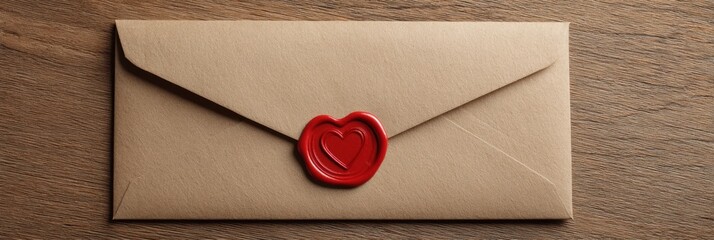 Surprise Gift Wrapped in Envelope With Heart Seal on Wooden Surface