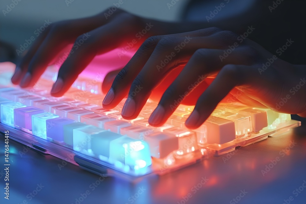 Aufkleber a close-up of hands typing on a mechanical keyboard with colorful rgb backlighting. concept mechanic