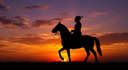 Silhouette of Rider on Horseback at Dusk
