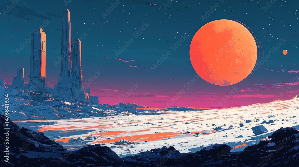 Poster alien landscape with towering structures and a large orange planet